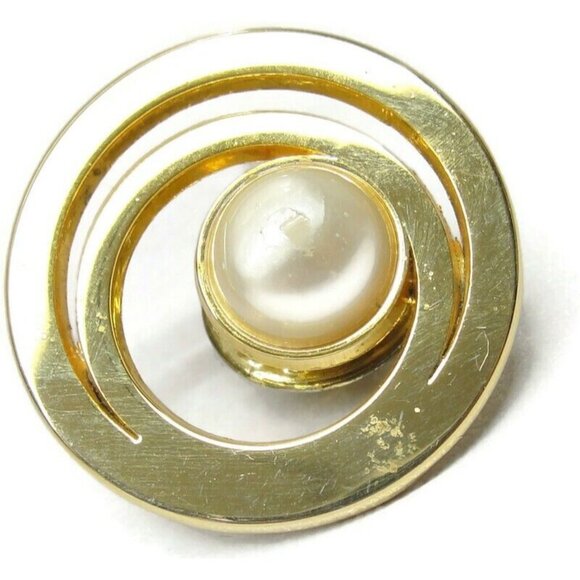 Vintage Brooch Costume Jewelry Double Ring Large Imitation Pearl Gold Tone - Picture 10 of 10